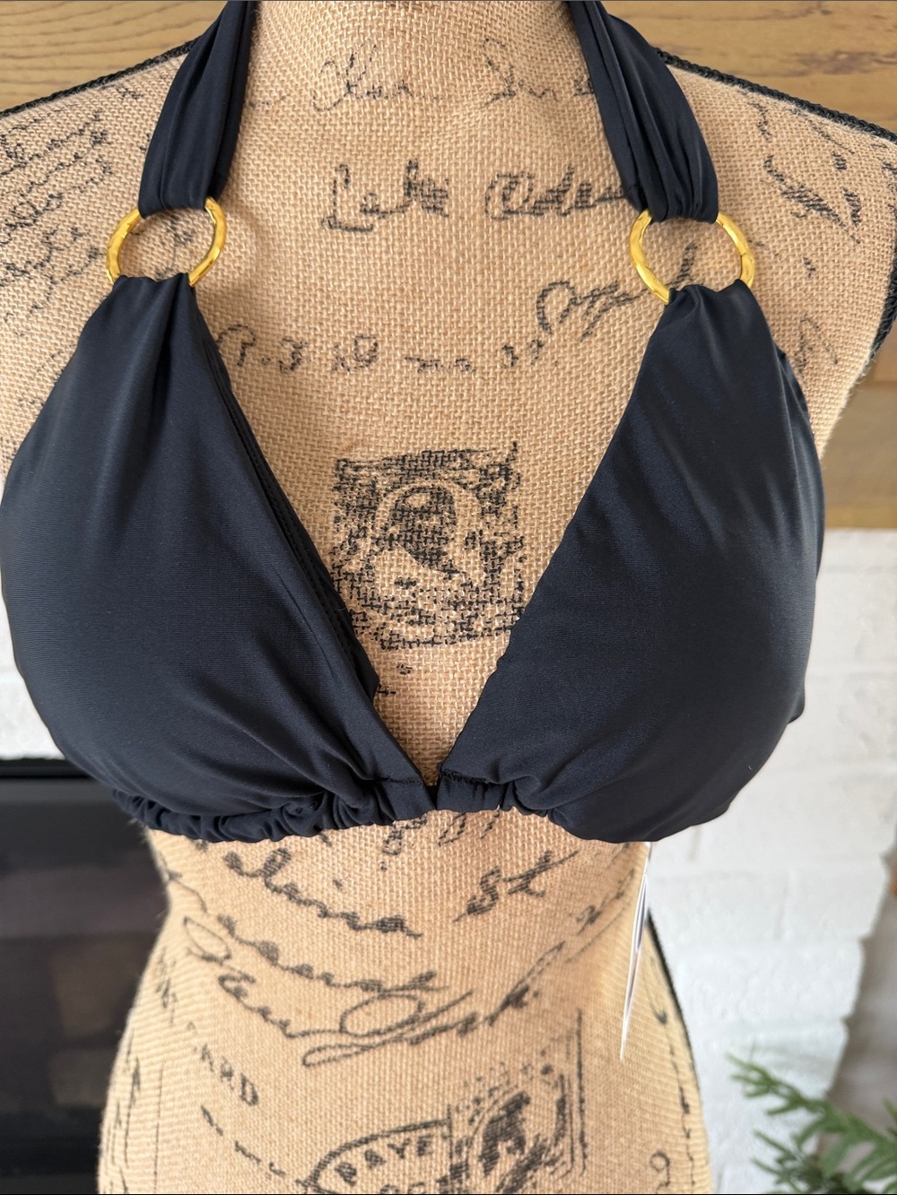 Classic Black Halter Bikini Top with Gold Rings